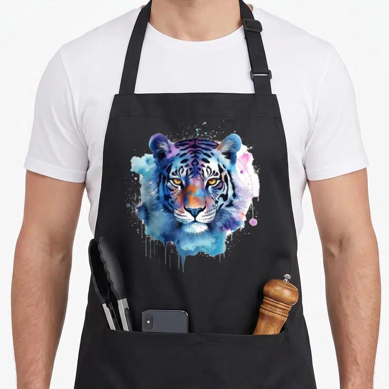 Tablier de cuisine noir avec une tête de tigre stylisée aux couleurs bleu et violet en aquarelle.