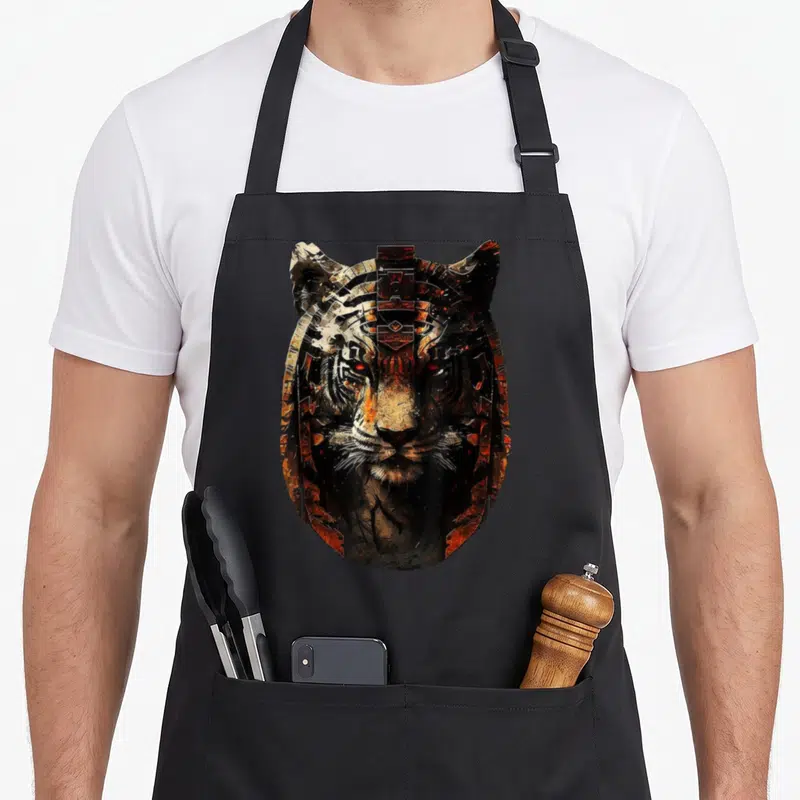 Tablier de cuisine noir avec tête de tigre aux yeux rouges et motifs tribaux orange et noirs.