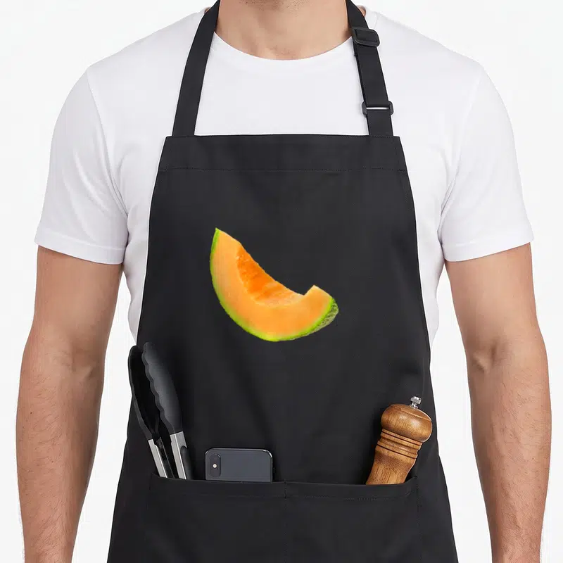 Tablier de cuisine noir avec une illustration colorée d'une tranche de melon cantaloup croquante et juteuse.