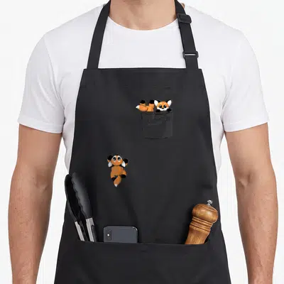 Tablier de cuisine noir avec un renard mignon jouant dans une poche dessinée en gris.