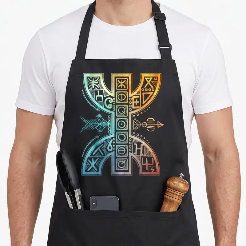 Tablier de cuisine noir avec grand symbole Yaz Tifinagh aux couleurs dégradées turquoise et orange.