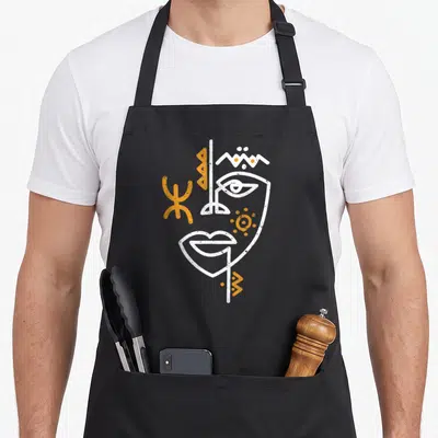 Tablier de cuisine noir avec un visage berbère stylisé en blanc et des symboles tifinagh oranges imprimés au centre.