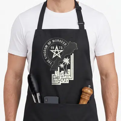 Tablier de cuisine noir avec une illustration blanche représentant le Maroc, des palmiers et le texte The Kingdom of Morocco 1975.