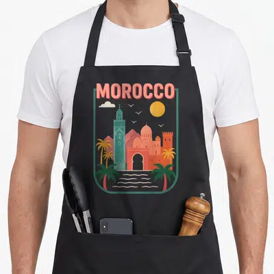 Tablier de cuisine noir avec illustration colorée représentant le Maroc et l'inscription Morocco en haut.