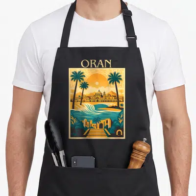 Tablier de cuisine noir avec une illustration colorée représentant Oran, des palmiers et l'architecture locale sur fond orange et bleu.