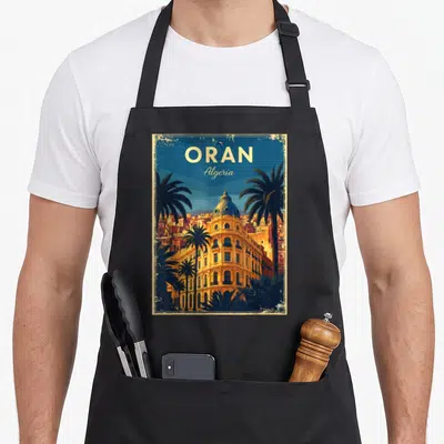 Tablier de cuisine noir avec une illustration rétro d'Oran Algérie montrant un bâtiment à coupole encadré par des palmiers.