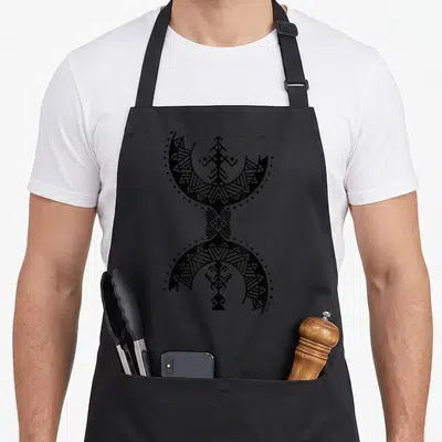 Tablier de cuisine noir avec motif géométrique symétrique Imazighen et éléments tribaux berbères en noir.