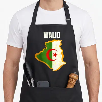 Tablier de cuisine noir avec carte Algérie drapeau vert blanc et nom Walid imprimé en haut