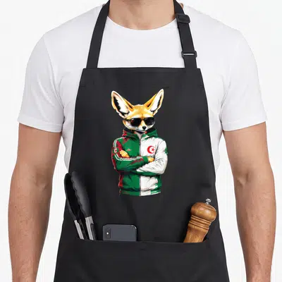 Tablier de cuisine noir avec illustration d'un fennec en survêtement aux couleurs du drapeau algérien.