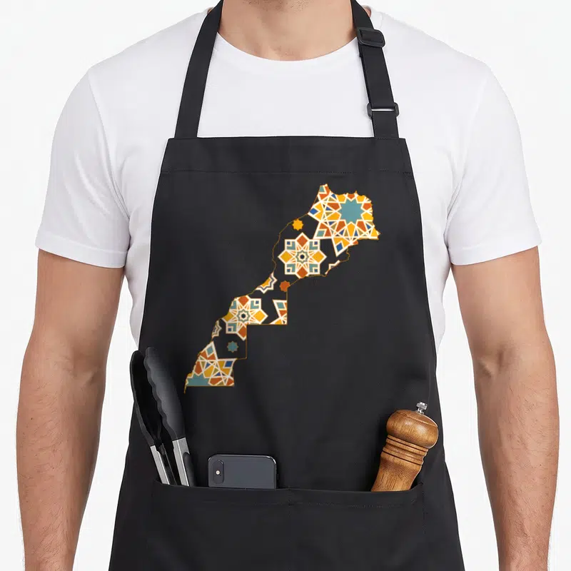 Tablier de cuisine noir avec carte du Maroc ornée de motifs géométriques colorés style zellige marocain.