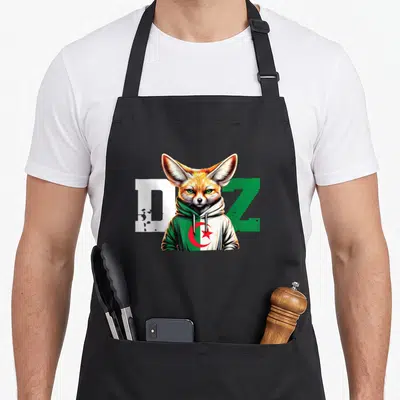 Tablier de cuisine noir avec illustration d'un fennec portant un pull aux couleurs du drapeau algérien et les lettres Dz.