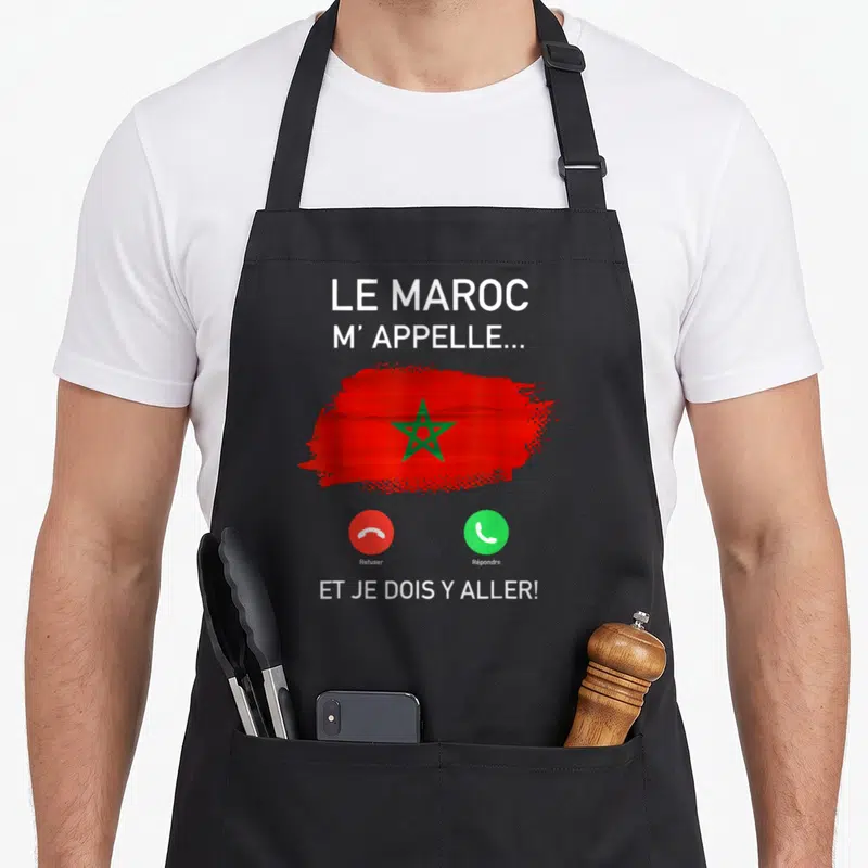 Tablier de cuisine noir avec une illustration d'appel téléphonique et le drapeau marocain rouge et vert.