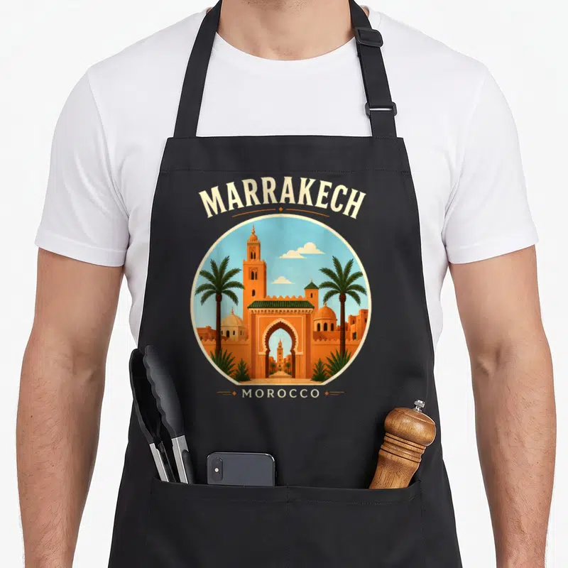 Tablier de cuisine noir avec illustration circulaire d'une porte marocaine et de palmiers, texte Marrakech en haut et Morocco en bas.