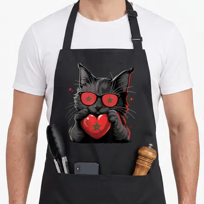 Tablier de cuisine noir avec illustration d'un chat noir tenant un cœur rouge à l'étoile verte.