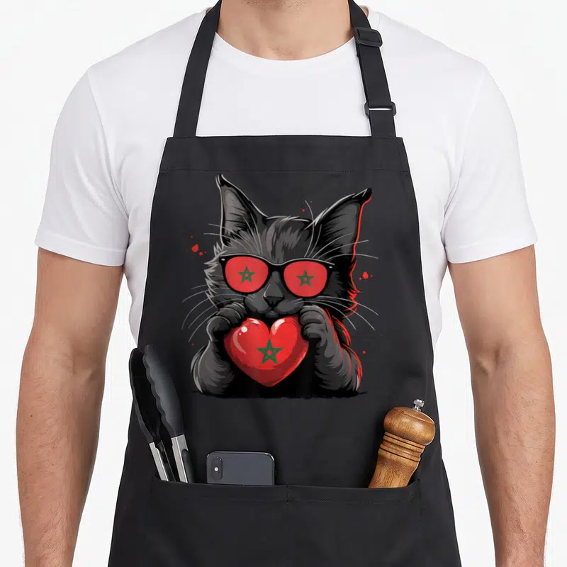 Tablier de cuisine noir avec illustration d'un chat noir tenant un cœur rouge à l'étoile verte.
