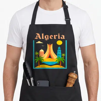 Tablier de cuisine noir avec illustration dAlgeria montrant la statue des martyrs, une tour bleue et des palmiers sous un soleil jaune.