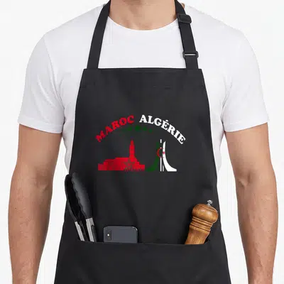 Tablier de cuisine noir avec illustration rouge et verte des monuments du Maroc et de l'Algérie sous le texte Maroc Algérie