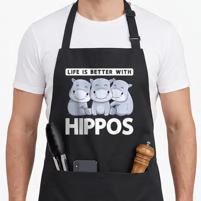 Tablier de cuisine noir avec trois hippopotames gris souriants et le texte Life Is Better With Hippos en blanc.