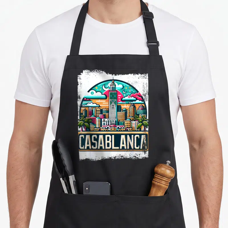 Tablier de cuisine noir avec illustration colorée du skyline de Casablanca et texte gratuit en bas
