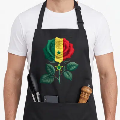 Tablier Drapeau Sénégal Fierté sénégalaise — sur un tablier de cuisine noir, fond blanc