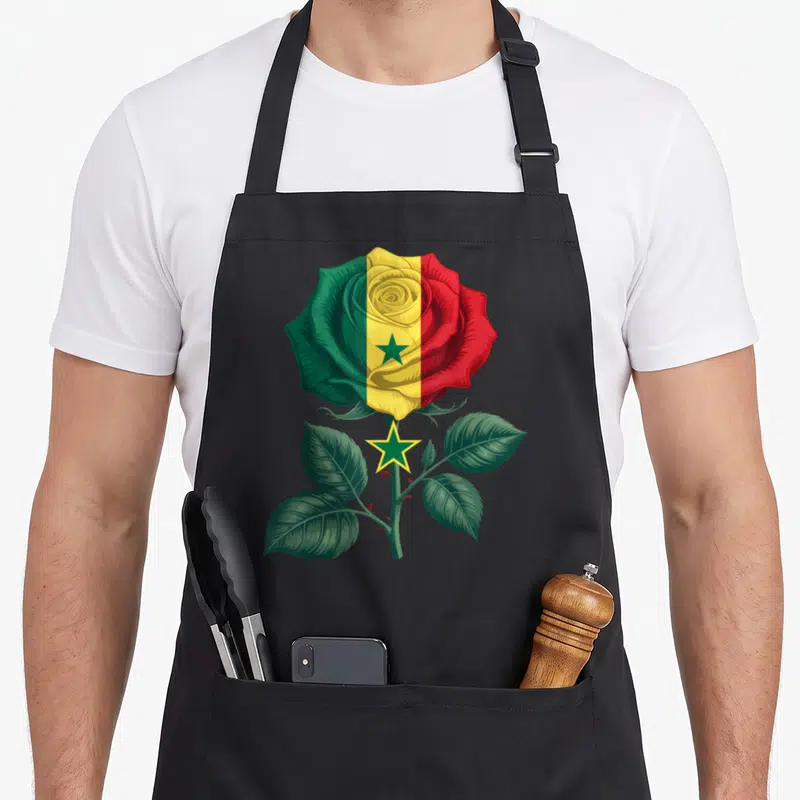 Tablier Drapeau Sénégal Fierté sénégalaise — sur un tablier de cuisine noir, fond blanc