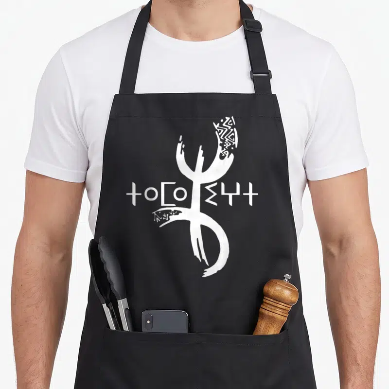 Tablier de cuisine noir avec le symbole Tifinagh Yaz et des caractères amazighs blancs stylisés au centre.