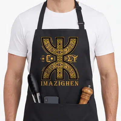 Tablier de cuisine noir avec grand symbole Z imazighen or et inscription tifinagh en bas