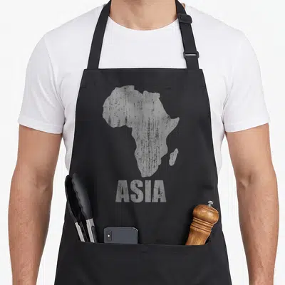 Tablier de cuisine noir avec silhouette grise de l'Afrique et le mot ASIA imprimé en bas.