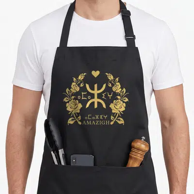 Tablier de cuisine noir avec un motif floral doré, un cœur et le texte AMAZIGH en caractères Tifinagh au centre.