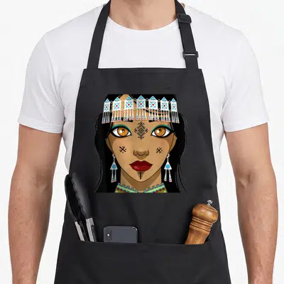 Tablier de cuisine noir avec portrait stylisé d'une femme berbère aux bijoux et tatouages traditionnels.