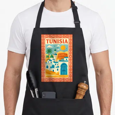 Tablier de cuisine noir avec une illustration colorée représentant la Tunisie et ses monuments emblématiques sous un soleil doré.