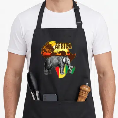 Tablier de cuisine noir avec illustration d'éléphant, silhouette d'Afrique et drapeau aux couleurs vert jaune rouge