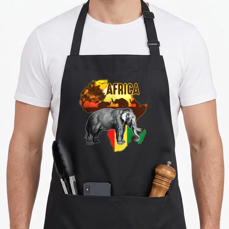 Tablier de cuisine noir avec illustration d'éléphant, silhouette d'Afrique et drapeau aux couleurs vert jaune rouge
