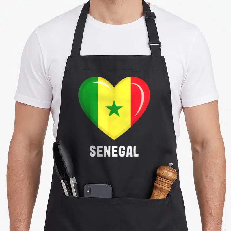 Tablier de cuisine noir avec un grand cœur aux couleurs du drapeau sénégalais et le mot SENEGAL en blanc.