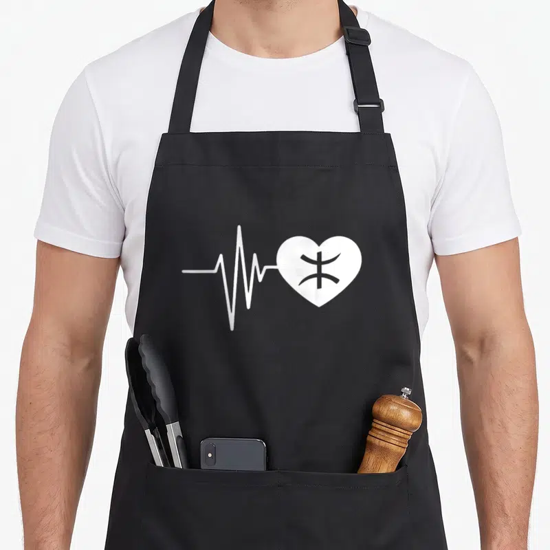 Tablier de cuisine noir avec un rythme cardiaque blanc formant un cœur yaz amazigh au centre.
