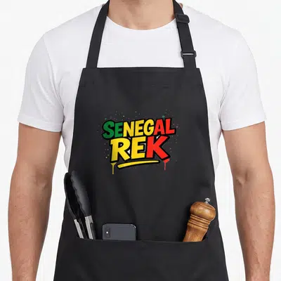 Tablier Sénégal Rek Fiers patriotes sénégalais Sunugal Wolof — sur un tablier de cuisine noir, fond blanc