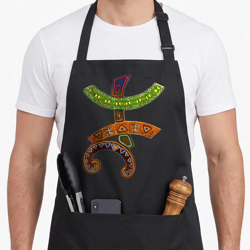 Tablier de cuisine noir avec le symbole Tifinagh Amazigh YAZ coloré et des motifs géométriques berbères traditionnels.