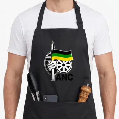 Tablier de cuisine noir orné du logo ANC avec drapeau tricolore et Lance blanche.