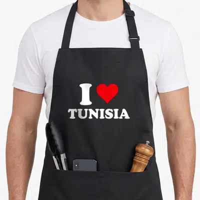Tablier de cuisine noir avec l'inscription I Love Tunisia et un cœur rouge au centre.
