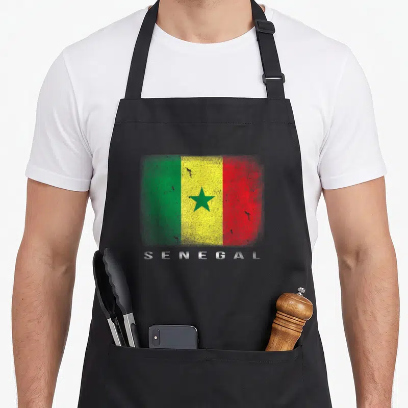 Tablier Drapeau sénégalais Sénégal — sur un tablier de cuisine noir, fond blanc
