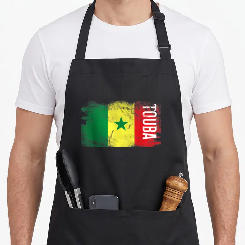 Tablier de cuisine noir avec drapeau Sénégal style brushwork et inscription TOUBA verticale blanche sur fond rouge.