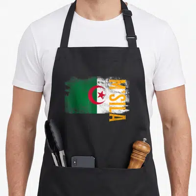 Tablier de cuisine noir avec drapeau Algérie et texte M'SILA vertical orange