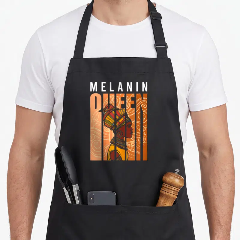 Tablier de cuisine noir avec illustration Mélanin Queen Reine Mignon Fille Africain aux couleurs vives et au style graphique moderne.