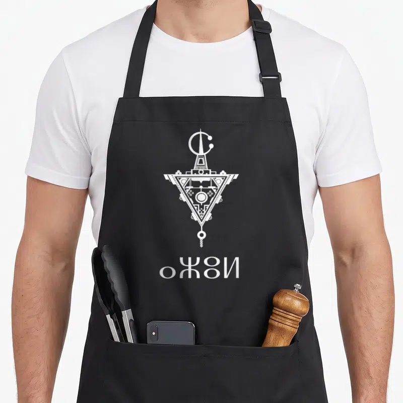 Tablier de cuisine noir avec emblème amazigh berbère blanc et symboles géométriques triangulaires au centre.