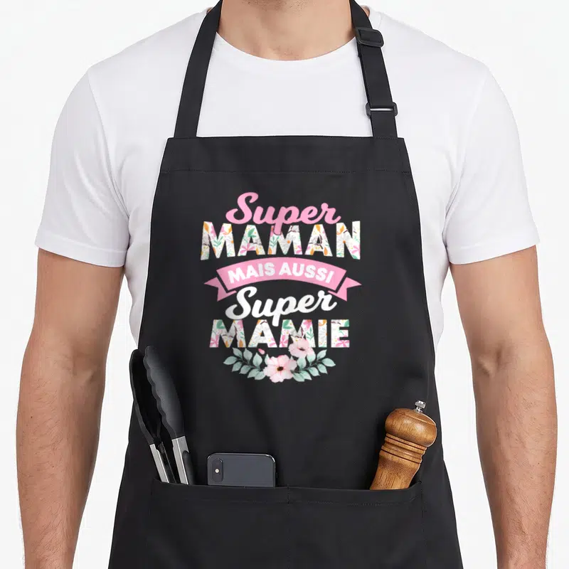 Tablier de cuisine noir avec inscription Super Maman mais aussi Super Mamie et motifs floraux roses
