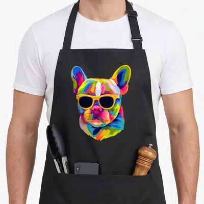 Tablier de cuisine noir avec tête de bouledogue français multicolore portant des lunettes de soleil jaunes et un nœud papillon bleu.
