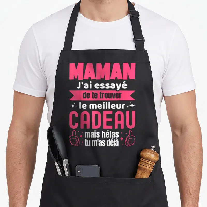 Tablier de cuisine noir avec inscription rose et blanche J'ai essayé de te trouver le meilleur cadeau mais hélas tu m'as déjà flanqué de pouces levés.