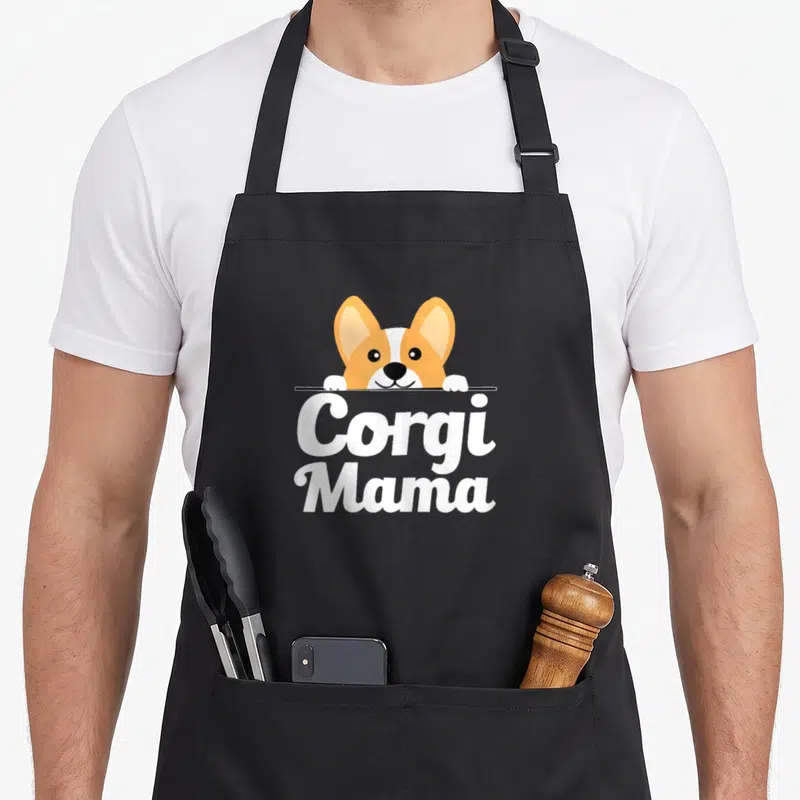Tablier de cuisine noir avec illustration d'un corgi et l'inscription Corgi Mama en blanc.