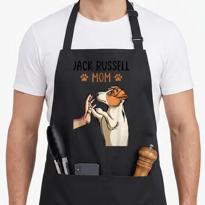 Tablier de cuisine noir avec illustration d'un Jack Russell effectuant un high five et le texte Jack Russell Mom.