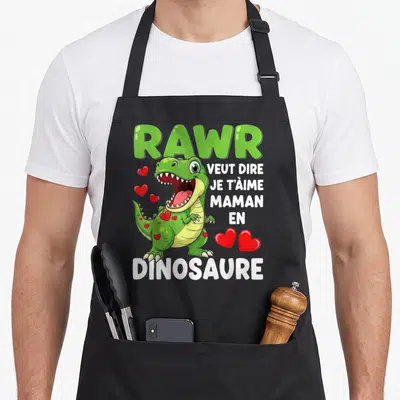 Tablier de cuisine noir avec dinosaure vert rawr je t'aime maman en dinosaure et cœurs rouges.